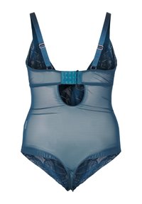 Costume da bagno intero blu a rete con un design strutturato, spalline regolabili e schiena a chiave. Presenta dettagli in pizzo testurizzati e chiusura a gancio.