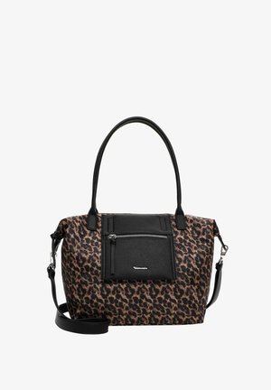 Leopardenmuster-Handtasche mit schwarzem Kunstlederbesatz, doppelten Tragegriffen, abnehmbarem Schulterriemen und einer durchgehenden Vorderseite mit Reißverschluss. Strukturiertes Finish. Geräumiges Design.