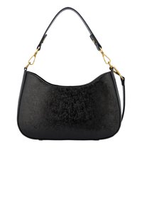 Sac à bandoulière en cuir noir texturé avec un bord supérieur arrondi, une courte sangle et des fermoirs en métal doré sur fond blanc.