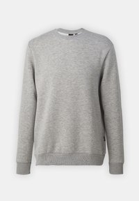 Sweat-shirt uni gris clair à col rond avec manches longues et poignets et ourlet côtelés, présenté sur fond blanc.