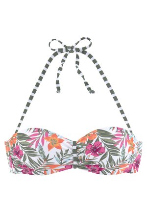 Biustonosz bikini w kwiaty na białym tle, z żywymi różowymi i pomarańczowymi kwiatami. Regulowane zielone i białe paski. W zestawie wkładki.