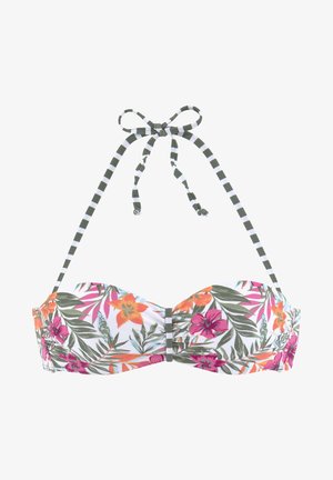 Cvečni bikini zgornji del na beli podlagi, z živahnimi rožnatimi in oranžnimi cvetovi. Prilagodljive zeleno-bele črtaste naramnice. Vključeno oblogo.