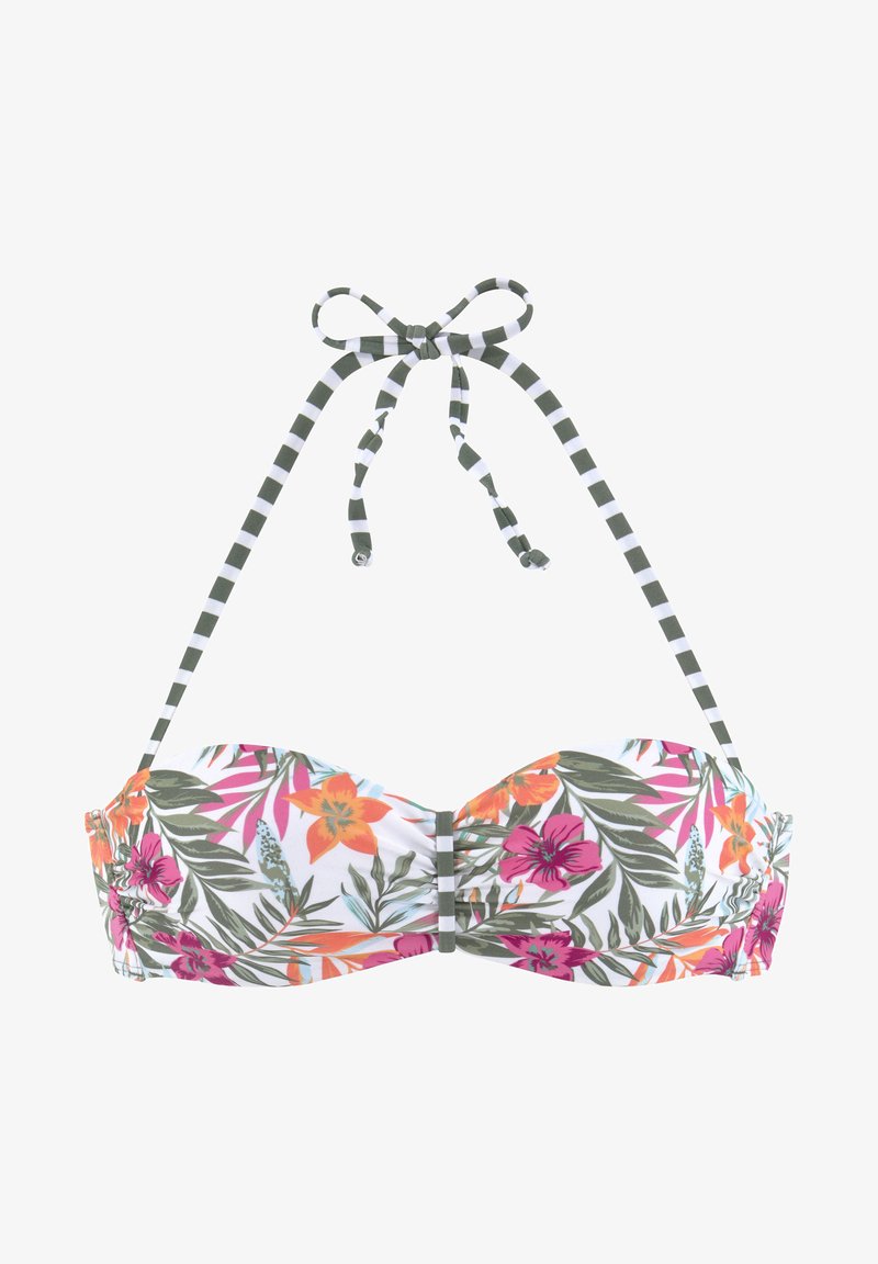 Top bikini floreale con sfondo bianco, caratterizzato da vivaci fiori rosa e arancione. Spalline regolabili a righe verdi e bianche. Imbottitura inclusa.