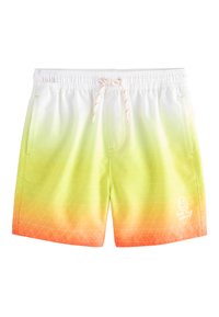 Men's swim trunks in a gradient design from white to greenish-yellow and orange. Features a drawstring waist, front pockets, and geometric patterns.
