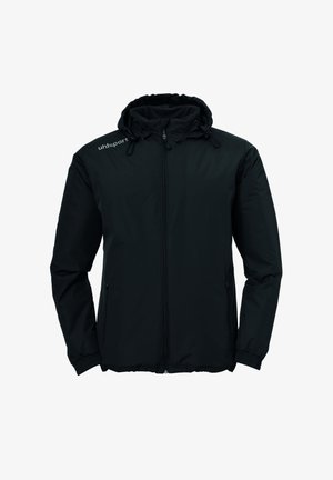 Sort, vandtæt jakke med hætte, lynlåslukning, elastiske manchetter og sidelommer. Har branding på venstre brystområde.