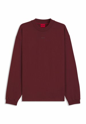 Burgundy long-sleeve sweatshirt with a round neck. Features minimalistic logo near the collar and ribbed cuffs. Soft, smooth fabric.