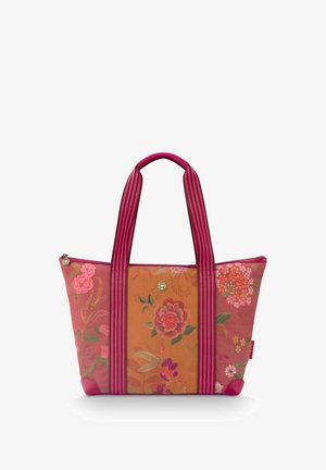 Tas met roze en oranje bloemmotieven, twee brede roze en zwarte gestreepte hengsels en een ritssluiting bovenaan.