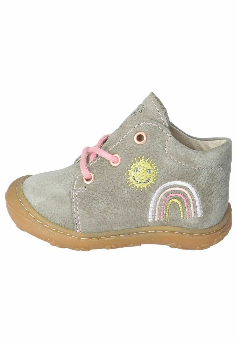 Szare zamszowe botki za kostkę z różowymi sznurowadłami i przeszyciami. Posiadają haftowane motywy słońca i tęczy. Beżowa gumowa podeszwa z zaokrąglonym czubkiem.