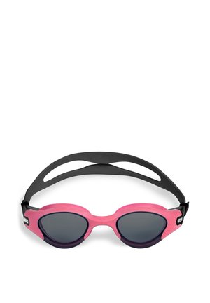 Gafas de natación rosas y negras con lentes ovaladas tintadas y una correa negra ajustable.