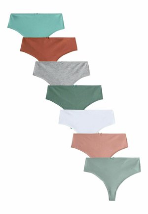 Sedem dámskych nohavičiek v jednoliatych farbách usporiadaných diagonálne, každé s malou prednou mašličkou: modrozelená, hrdzavá, sivá, tmavozelená, biela, ružová a svetlomodro-zelená tangá.