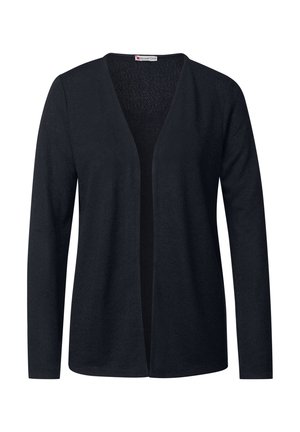 Black cardigan with a v-neck design and long sleeves. Made of textured fabric, it features an open front without fasteners.