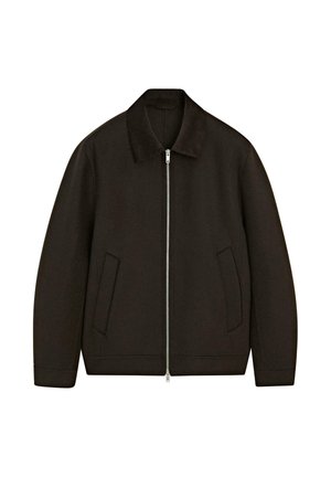 Schwarze Reißverschlussjacke mit flachem Kragen, zwei seitlichen Taschen und einer glatten Textur. Einfaches, modernes Design mit lockerer Passform.