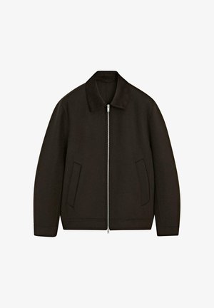 Schwarze Reißverschlussjacke mit flachem Kragen, zwei seitlichen Taschen und einer glatten Textur. Einfaches, modernes Design mit lockerer Passform.