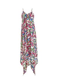 Rochie cu bretele subțiri, având un model paisley colorat pe un fundal alb, cu un tiv asimetric și o textură a materialului fluidă.