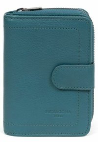 Portefeuille en cuir teal avec fermeture zippée, forme rectangulaire, accents cousus et bouton-pression. Nom de la marque "HEXAGONA" embossé à l'avant.