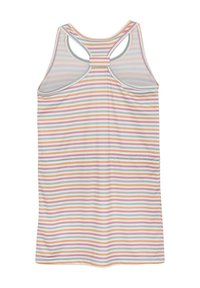 Randig ärmlös klänning i pastellfärger: rosa, blå och orange. Mjuk tyg, racerback-design med samlad midja.