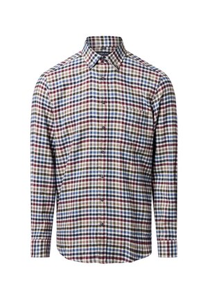 Overhemd met lange mouwen en knopen, met een ruitpatroon in rood, blauw en bruin, voorzien van een boord met knoopjes en een borstzak aan de voorkant.