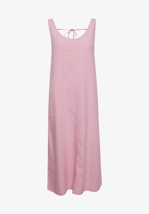 Vestito senza maniche di colore rosa realizzato in tessuto leggero. Presenta un décolleté a barchetta e una dettagliata cravatta sul retro. Silhouette semplice e dritta.