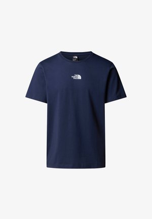 Camiseta de algodón azul marino con cuello redondo clásico y mangas cortas, que presenta un logo blanco en el pecho. Textura suave, diseño sin adornos.