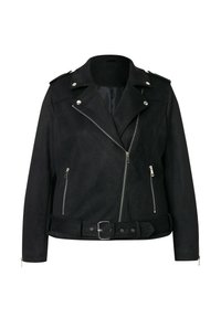 Black faux suede biker jacket with a belted waist, asymmetrical zippers, silver hardware, and epaulets on the shoulders.