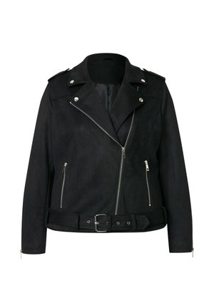 Giacca da motociclista in finta suede nera con vita regolabile, zip asimmetriche, hardware argento e spalline sulle spalle.