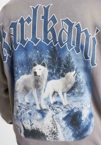 Gray sweatshirt featuring a large graphic with two white wolves on a blue mountain background, accented by bold "karlkani" lettering above.