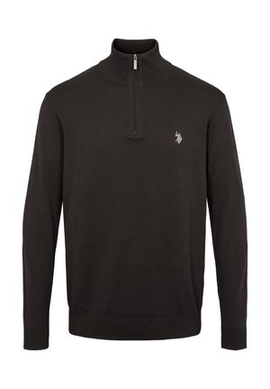 Dark brown knit sweater with a high collar and a quarter zipper. Features a small logo on the left chest and ribbed cuffs.