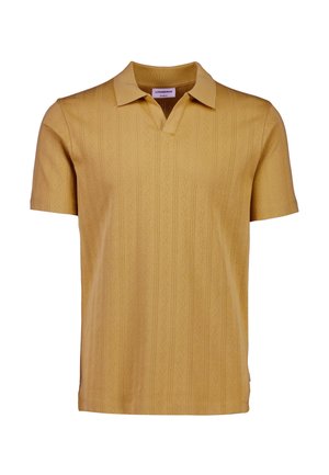 Kurzärmeliges Poloshirt in Senfgelb mit strukturierten vertikalen Linien, einem Reverskragen und einem geraden Saum. Material aus Baumwollmischung.