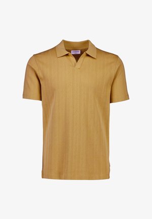 Kurzärmeliges Poloshirt in Senfgelb mit strukturierten vertikalen Linien, einem Reverskragen und einem geraden Saum. Material aus Baumwollmischung.