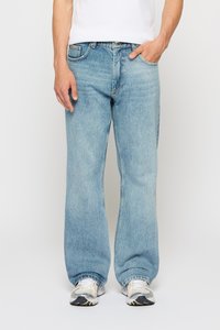 Lyseblå vide jeans laget av denim, med en klassisk fem-lomme-design og en knappelukking foran.