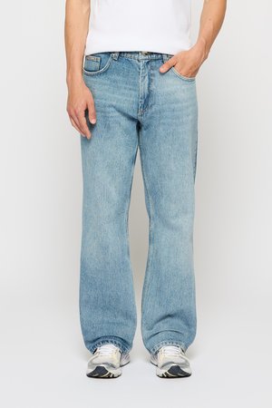 Light blue wide-leg jeans made from denim, featuring a classic five-pocket design and a front button closure.