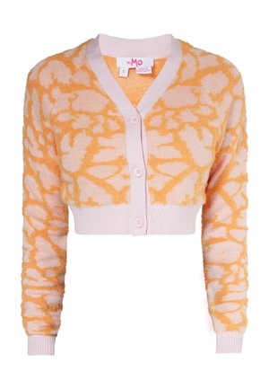 Kort langærmet cardigan med orange og pink abstrakt mønster, tre knapper foran, ribstrikkede manchetter og kant.