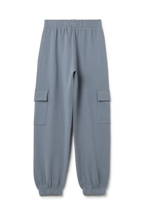 Lichtgrijze cargobroek met een elastische tailleband, ribbelmanchetten en zijzakken, gemaakt van een zachte, gladde stof.