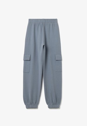 Hellgraue Cargo-Hosen mit einem elastischen Bund, gerippten Bündchen und seitlichen Taschen, aus einem weichen, glatten Stoff gefertigt.