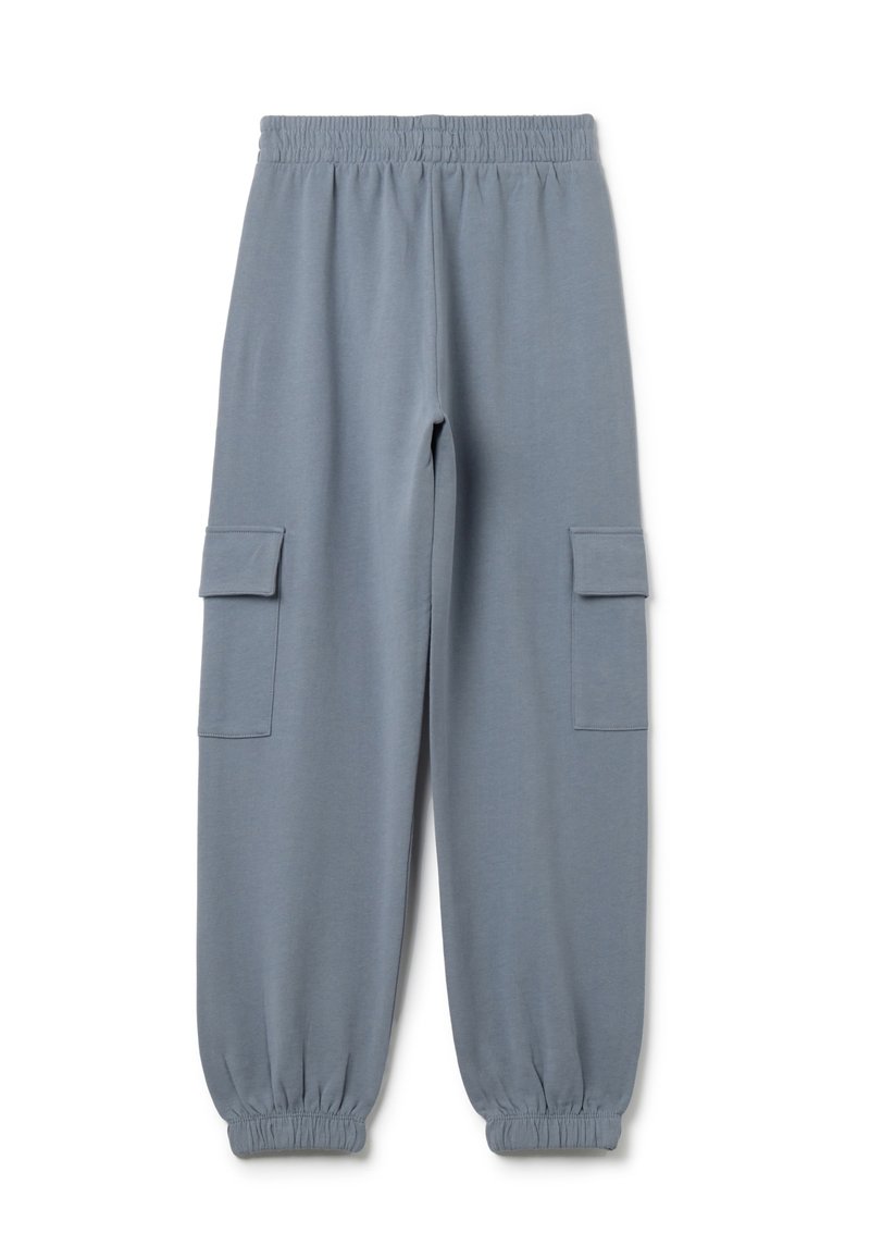 Lichtgrijze cargobroek met een elastische tailleband, ribbelmanchetten en zijzakken, gemaakt van een zachte, gladde stof.