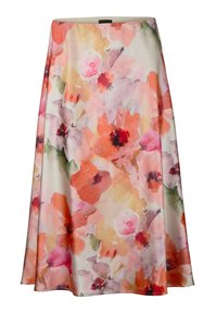 Leichte, fließende Midirock aus dünnem Stoff mit einem lebhaften Blumenmuster in Farben wie Pink, Orange und Grün. Glatte Textur, ausgestellter Schnitt.