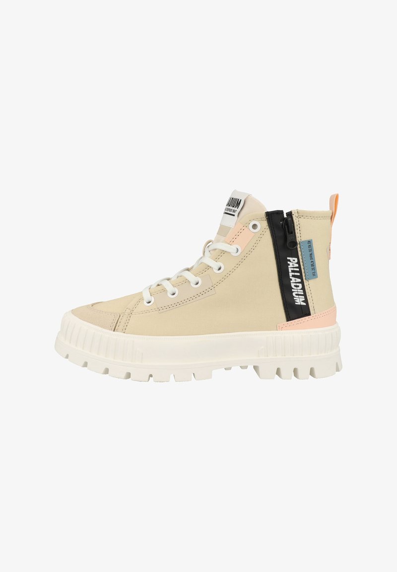 Beige high-top sneakers with a textured canvas upper, white rubber sole, black and light pink accents, and a side zipper detail.