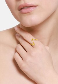 Anello in tono oro con design avvolgente simile a un serpente indossato sulla mano. Superficie liscia con finitura lucida, che mette in risalto un'estetica minimalista.