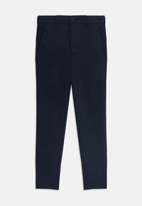 Pantalons ajustés bleu marine en mélange de coton, dotés d'une fermeture à bouton, de poches latérales et de lignes épurées pour un look structuré.