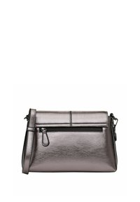 Borsa a tracolla grigia metallica con design piatto, tasca frontale con zip, cinturino regolabile e texture in finta pelle liscia.