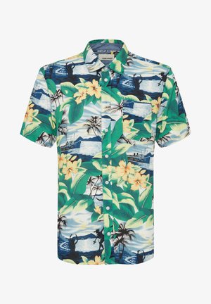 Short-sleeve shirt featuring a tropical print with green leaves, yellow flowers, and silhouettes against a beach scene; button-up design.