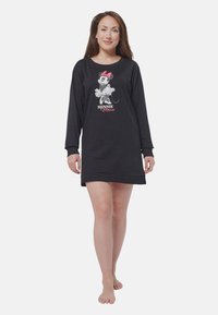 Vestito da notte lungo nero a maniche lunghe con grafica di Minnie Mouse e testo rosa. Tessuto morbido, vestibilità comoda e scollatura rotonda.