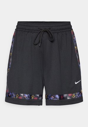 Μαύρο αθλητικό σορτς με ελαστική μέση, κορδόνι και διακοσμητικά με λουλουδάτο σχέδιο στα πλάγια. Λογότυπο Nike σε λευκό χρώμα.