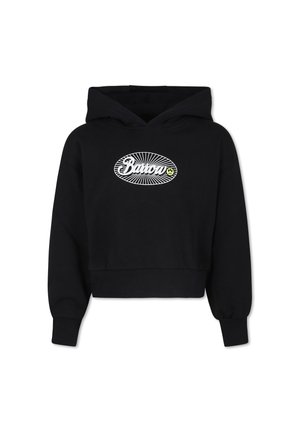 Sort cropped hoodie lavet af blødt stof, med et hvidt og gult ovalt logo på forsiden med et linjært design og ribbede mansjetter.