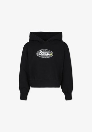 Sort cropped hoodie lavet af blødt stof, med et hvidt og gult ovalt logo på forsiden med et linjært design og ribbede mansjetter.