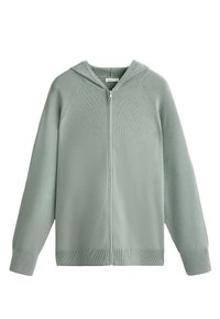 Svetlo zelena rebrasta zip-up kapuca z kapuco, raglan rokavi in rebrastimi manšetami ter robom. Gladka tekstura z minimalističnim oblikovanjem.