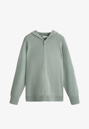 Lichtgroene geribde rits-hoodie met een capuchon, raglanmouwen en geribde boorden en zoom. Soepele textuur met een minimalistisch ontwerp.