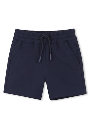 Shorts bleu marine en tissu doux, avec une taille élastique, un cordon de serrage et deux poches latérales. Présente un design simple et épuré.