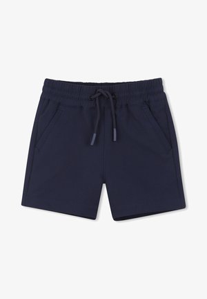 Shorts bleu marine en tissu doux, avec une taille élastique, un cordon de serrage et deux poches latérales. Présente un design simple et épuré.