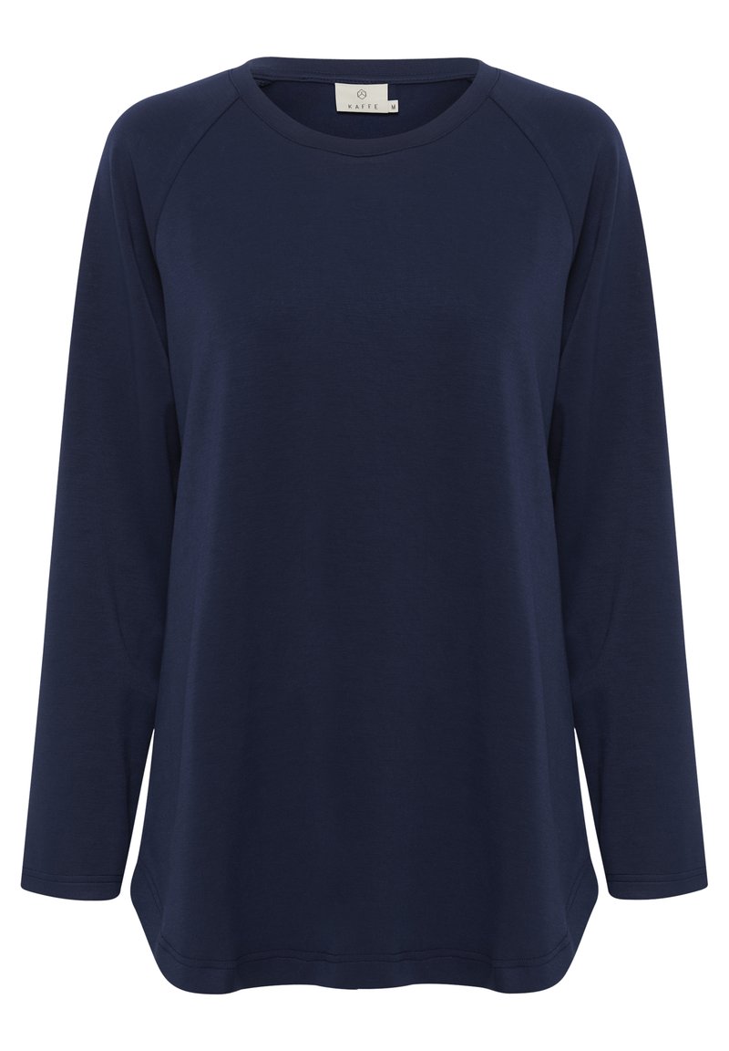 Chemise à manches longues bleu marine avec un col rond, des manches raglan et une coupe décontractée. Texture douce et lisse ; sans motifs ni accessoires visibles.